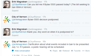 City of Vernon MMA Ban Vote Delayed