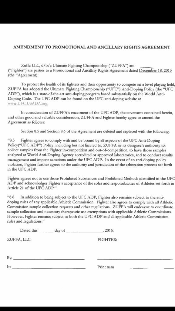 FRB tweet image of Zuffa Contract Addendum re PED testing policy