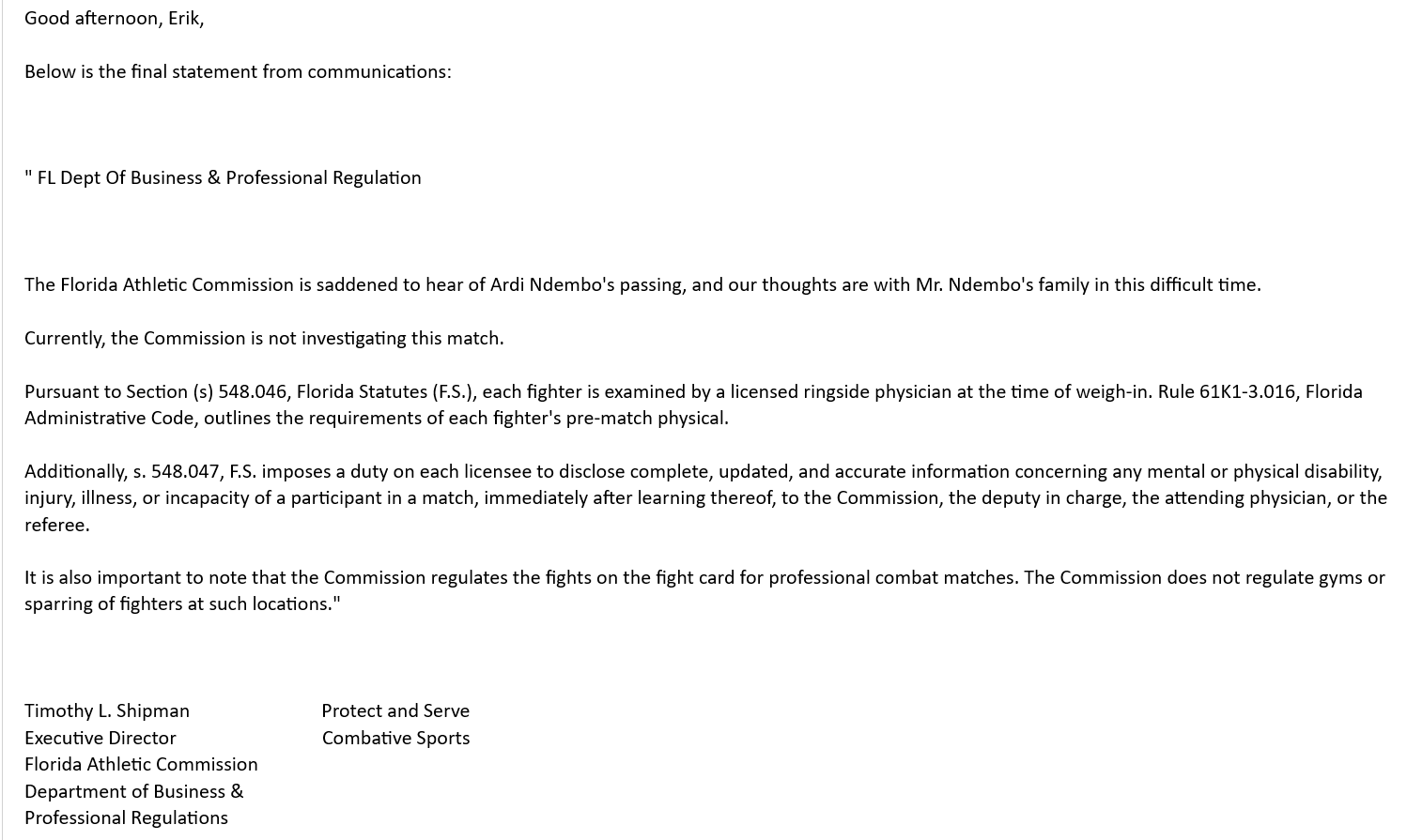 Some Questions Following Ardi Ndembo’s Boxing Death Combat Sports Law